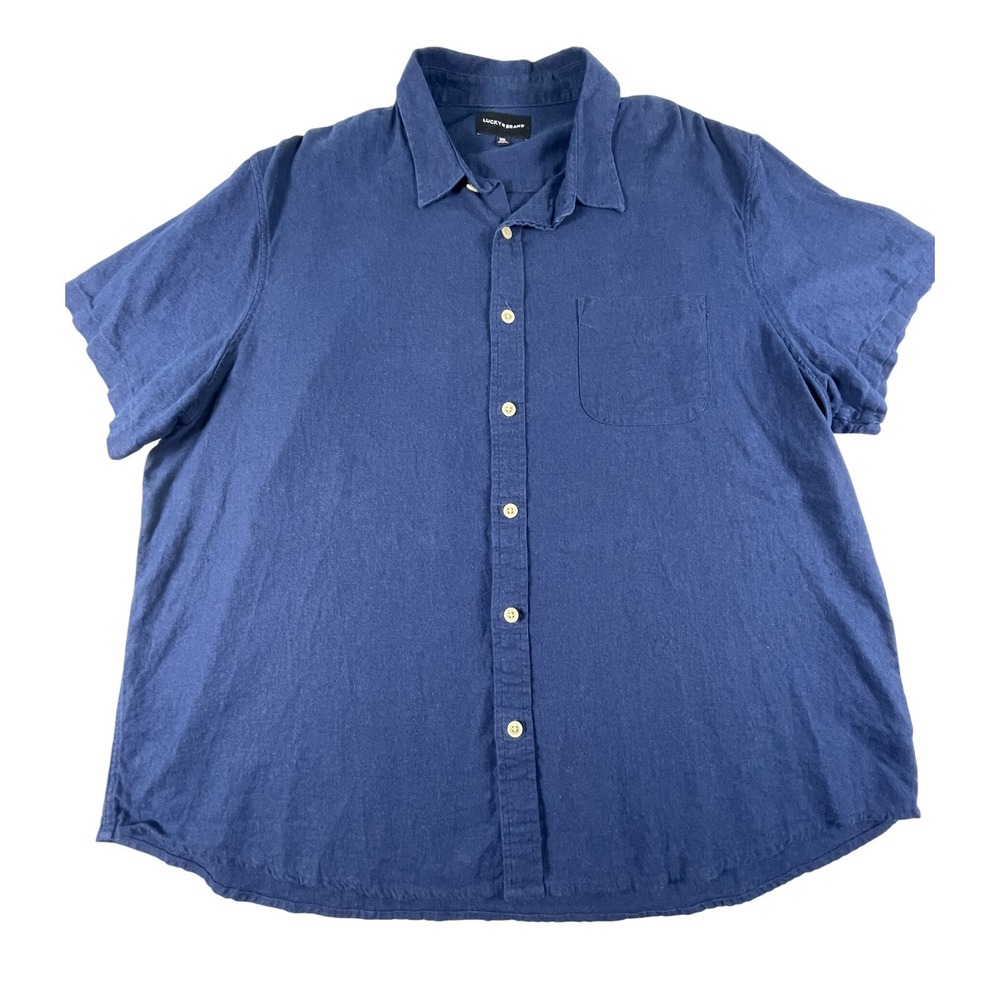 Lucky Brand Shirt Mens XXL Blue Linen Blend Short Sleeve Button Down Casual